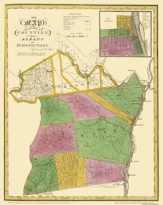 Historic County Map - Albany Schenectady Counties New York - Burr 1829 - 23 x 28.94 - Vintage Wall Art