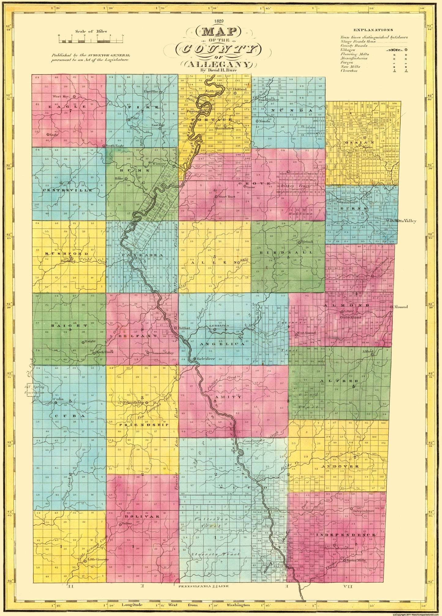 Historic County Map - Allegany County New York - Burr 1829 - 23 x 32 - Vintage Wall Art