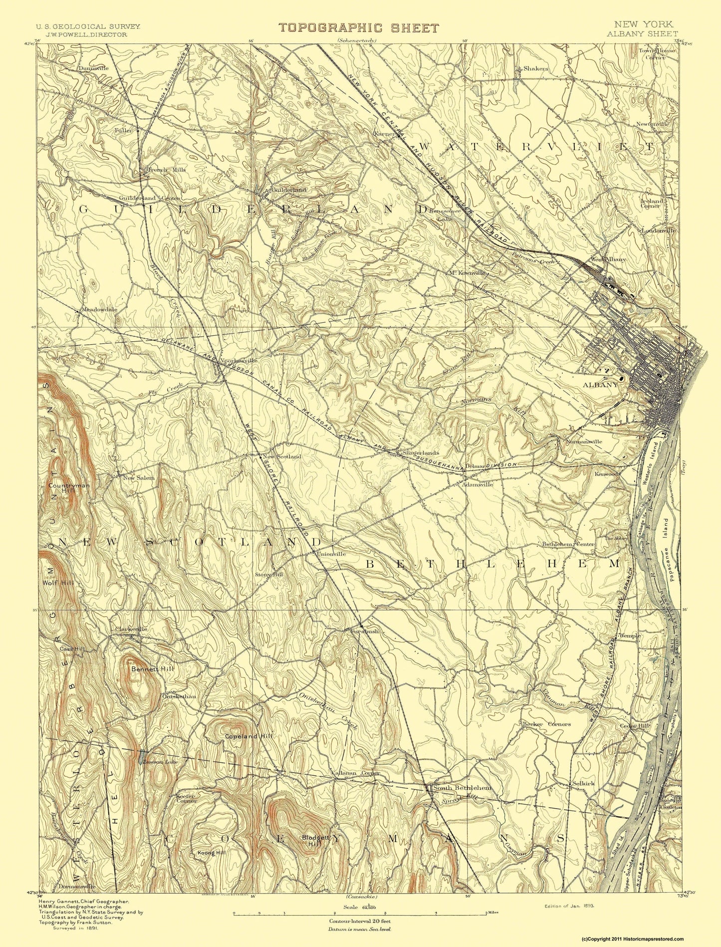 Topographical Map - Albany New York Sheet - USGS 1893 - 23 x 30.21 - Vintage Wall Art