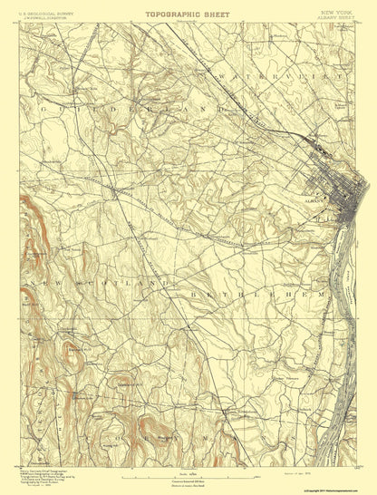 Topographical Map - Albany New York Sheet - USGS 1893 - 23 x 30.21 - Vintage Wall Art