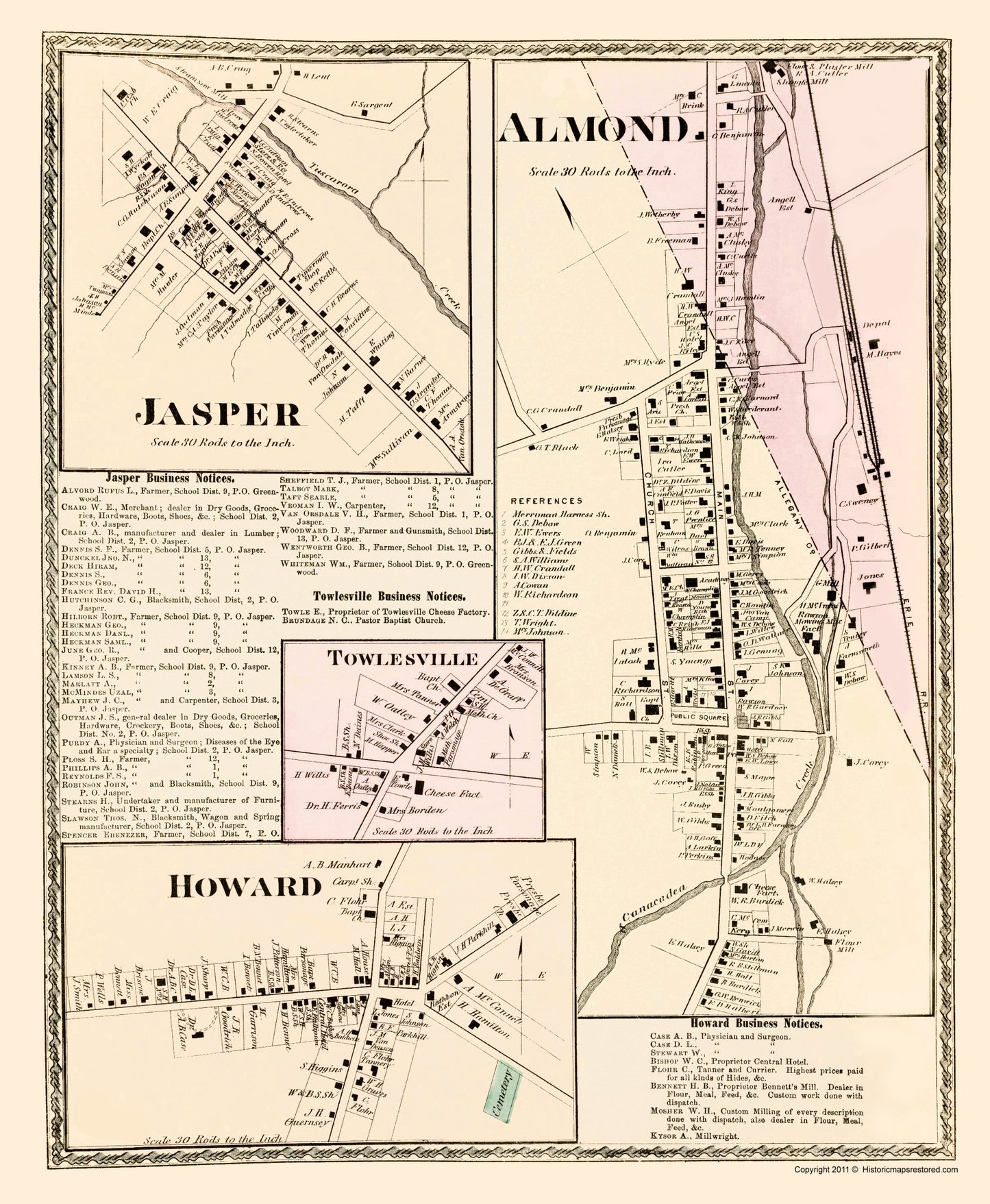 Historic City Map - Jasper Almond Townsville Howard New York - Beers 1873 - 23 x 27.97 - Vintage Wall Art