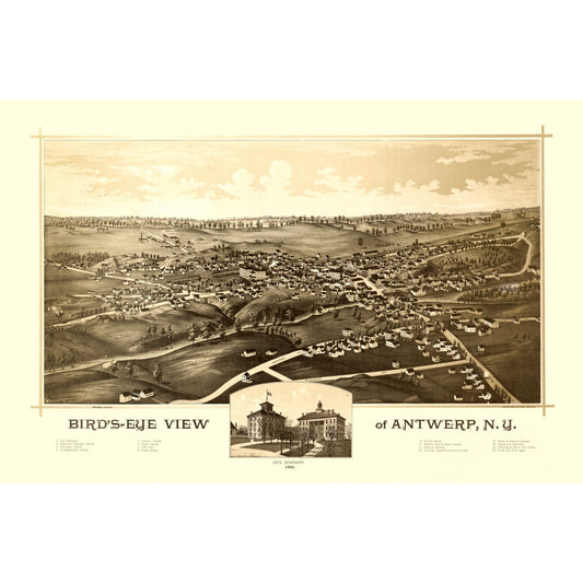 Historic Panoramic View - Antwerp New York - Burleigh 1888 - 34.96 x 23 - Vintage Wall Art