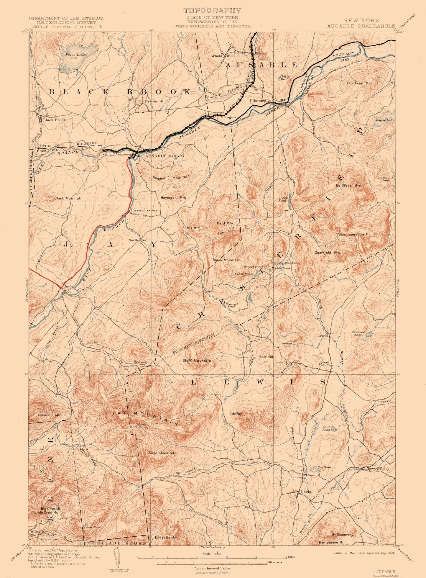 Topographical Map - Ausable New York Quad - USGS 1903 - 23 x 31.18 - Vintage Wall Art