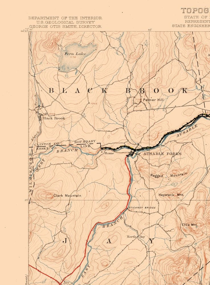 Topographical Map - Ausable New York Quad - USGS 1903 - 23 x 31.18 - Vintage Wall Art