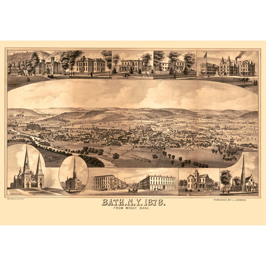 Historic Panoramic View - Bath New York - Corbin 1878 - 33.08 x 23 - Vintage Wall Art