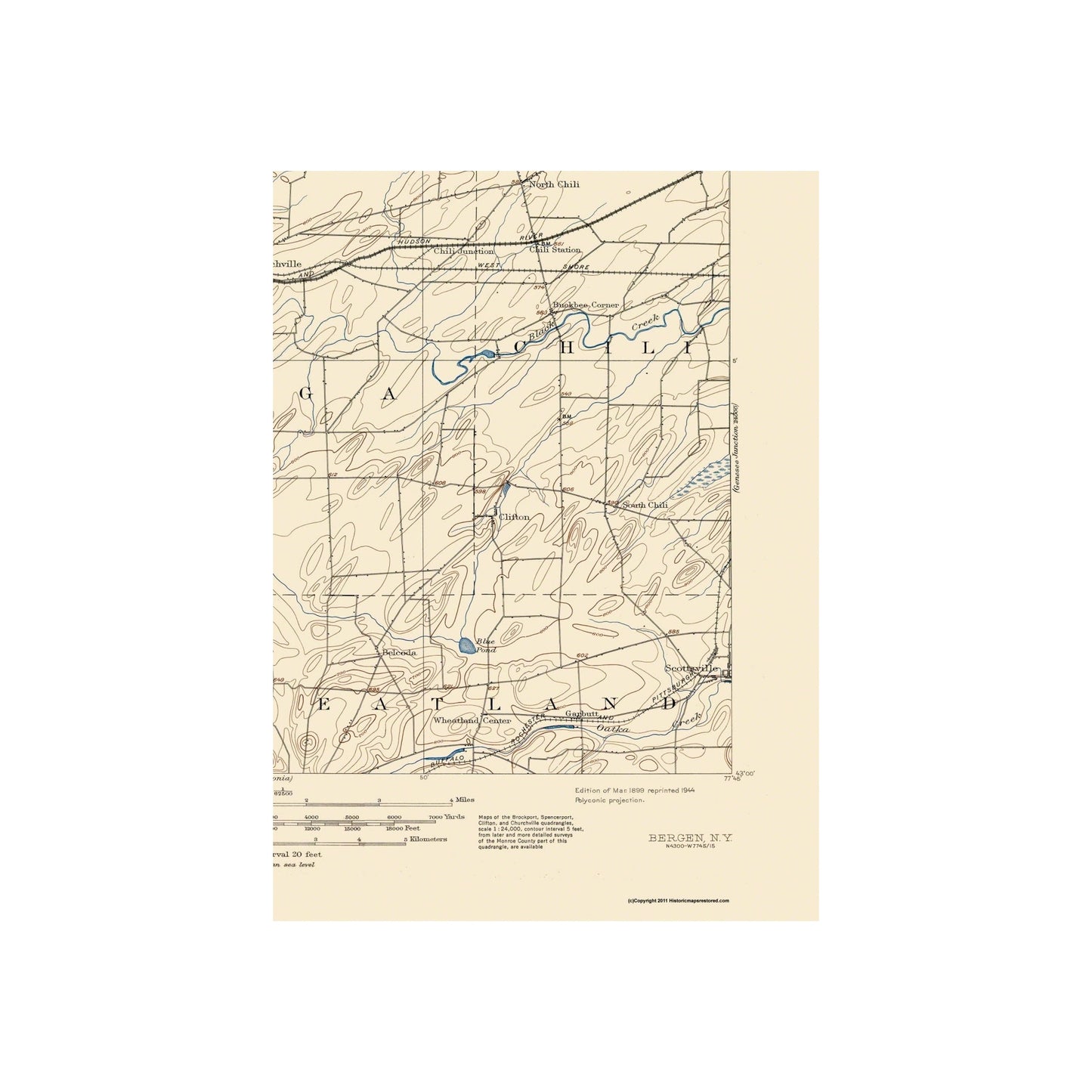 Topographical Map - Bergen New York Quad - USGS 1899 - 23 x 31.62 - Vintage Wall Art