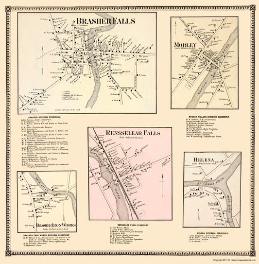 Historic City Map - Brasher Falls Morley Renssellear Falls Helena New York - Stone 1865 23x23 - Vintage Wall Art