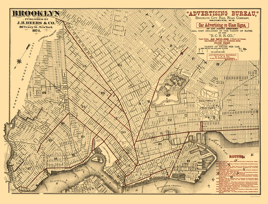 Railroad Map - Brooklyn City Railroad Co - Beers 1874 - 23 x 30.17 - Vintage Wall Art