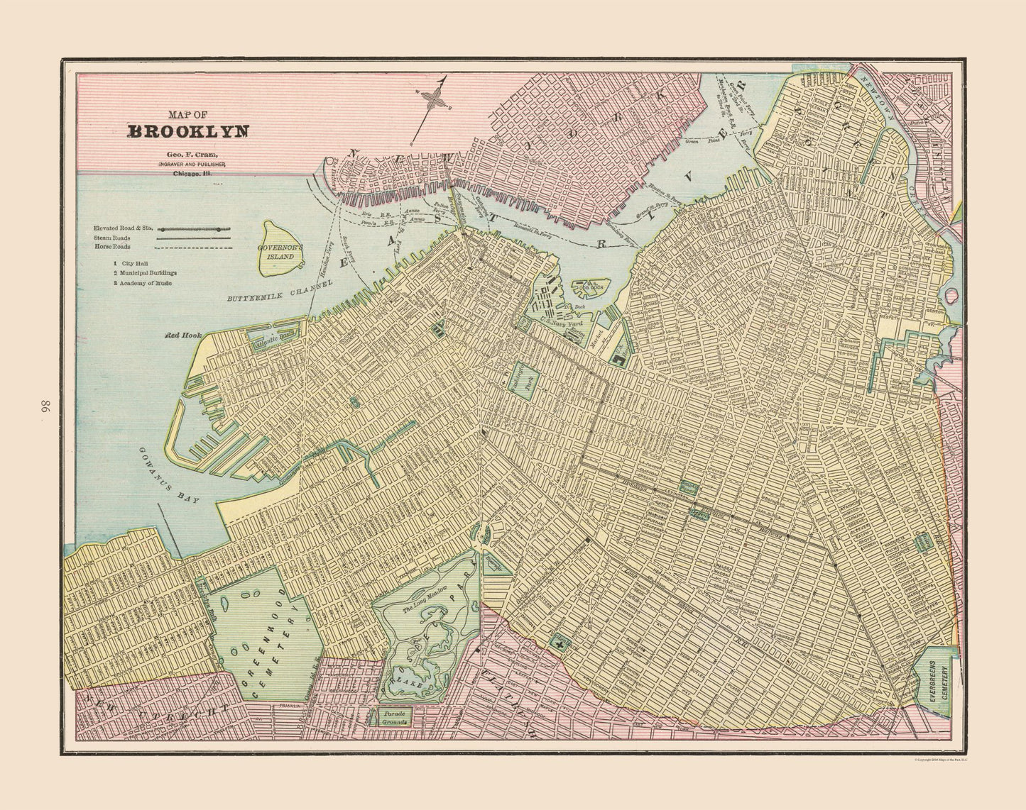 Historic City Map - Brooklyn New York - Cram 1892 - 29.11 x 23 - Vintage Wall Art