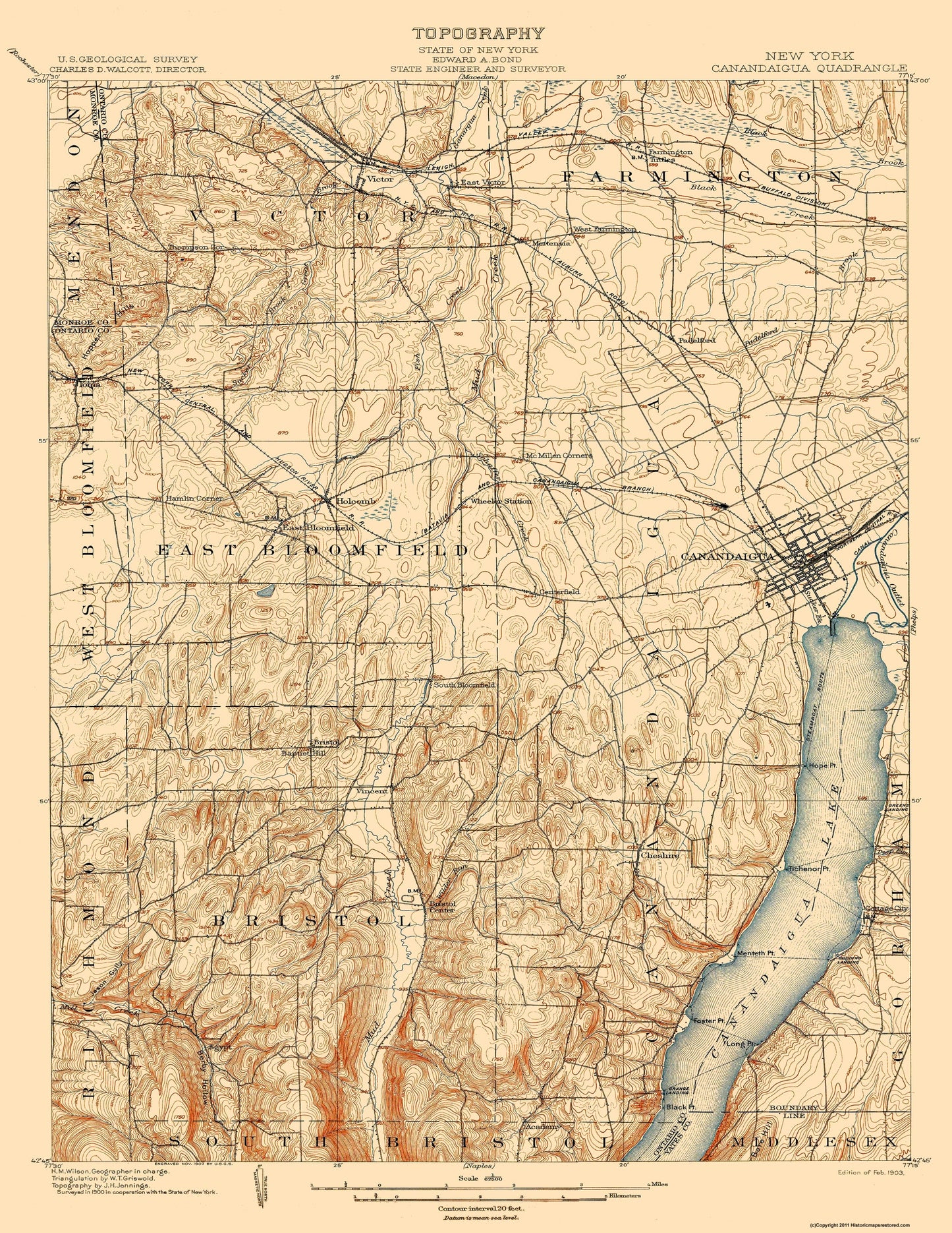 Topographical Map - Canandaigua New York Quad - USGS 1903 - 23 x 29.76 - Vintage Wall Art