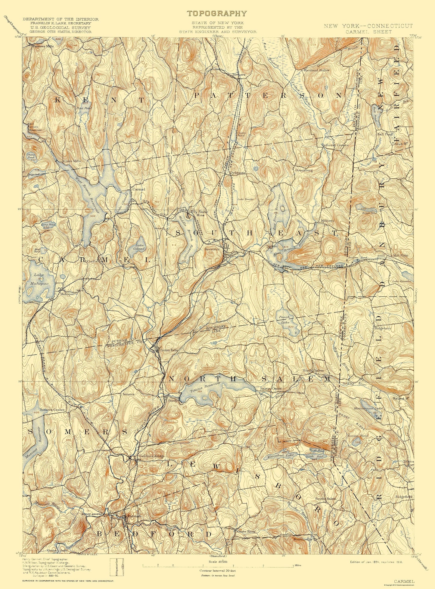 Topographical Map - Carmel New York Sheet - USGS 1894 - 23 x 31.13 - Vintage Wall Art