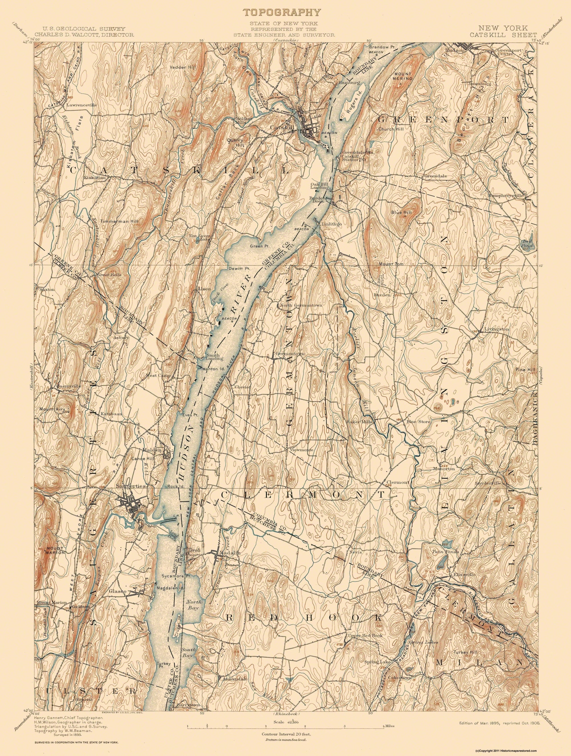 Antique Catskill, New York 1895 US Geological Survey Topographic Map – Saugerties, Hudson, Greenport, Germantown, Livingston, Clermont, hot NY