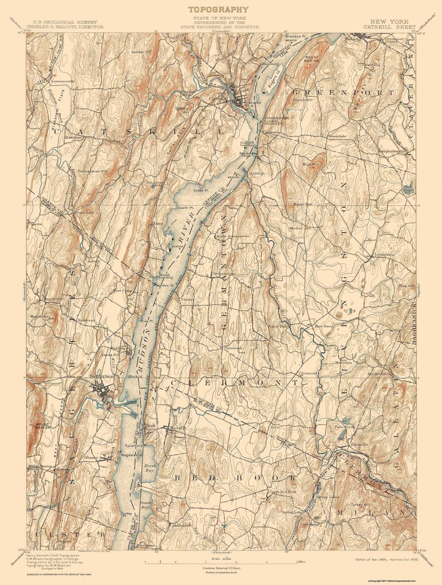 Topographical Map - Catskill New York Sheet - USGS 1895 - 23 x 30.46 - Vintage Wall Art