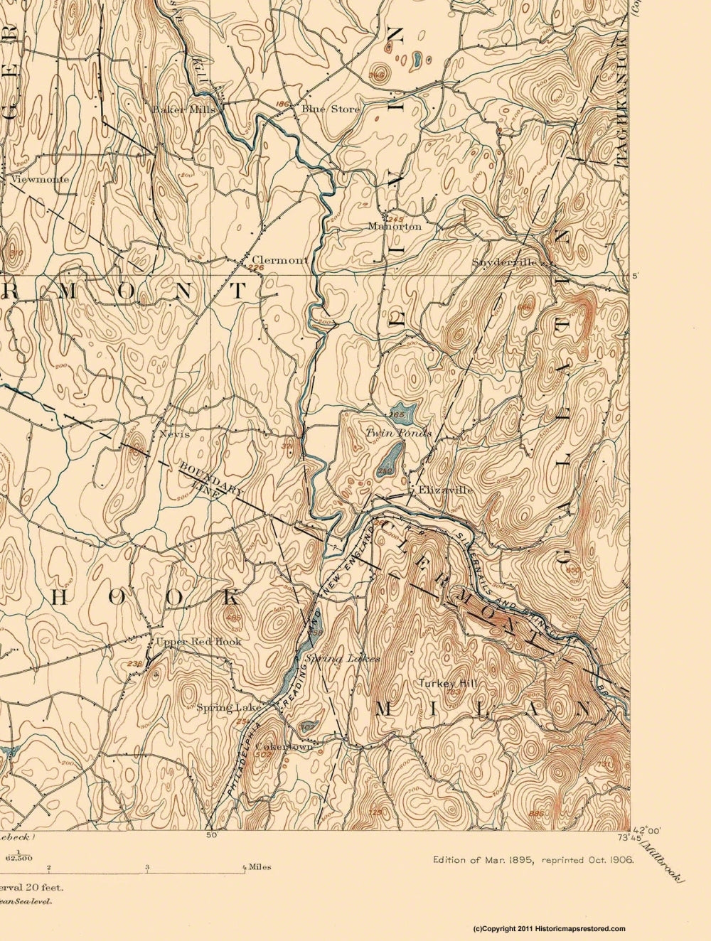 Antique Catskill, New York 1895 US Geological Survey Topographic Map – Saugerties, Hudson, Greenport, Germantown, Livingston, Clermont, hot NY