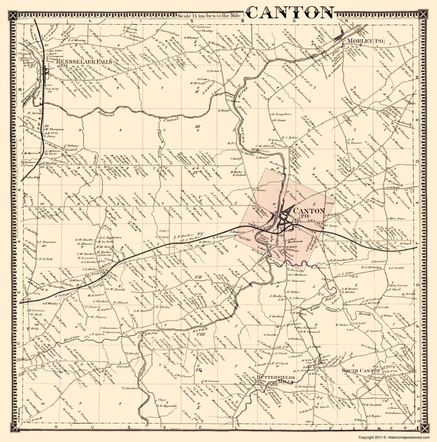 Historic City Map - Canton New York  - Stone 1865 - 23 x 23.25 - Vintage Wall Art