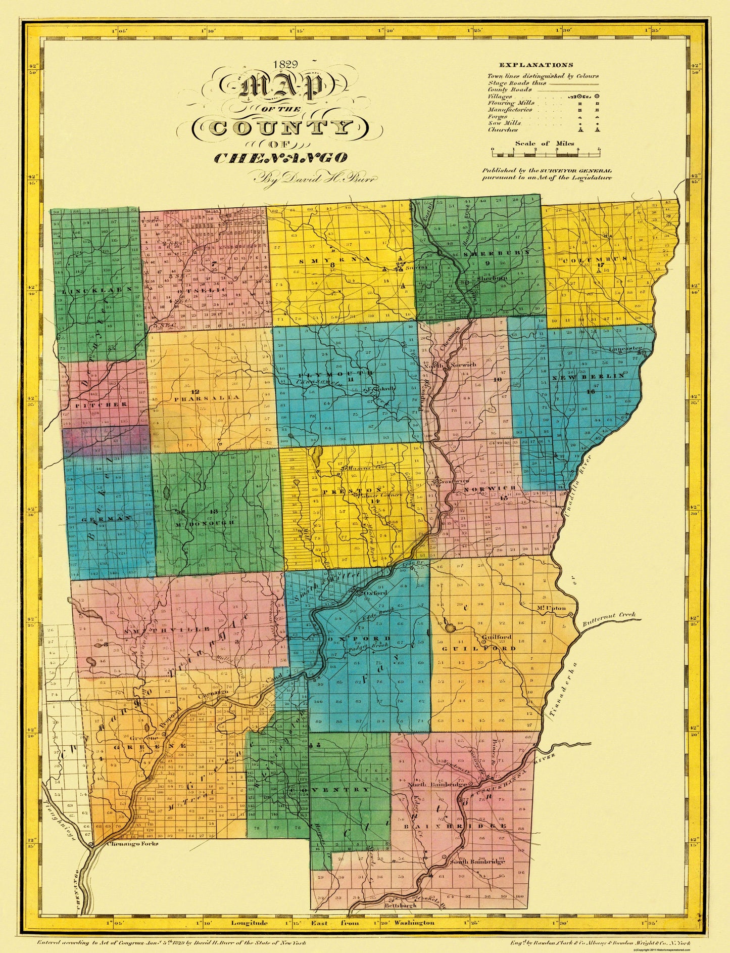 Historic County Map - Chenango County New York - Burr 1829 - 23 x 30 - Vintage Wall Art