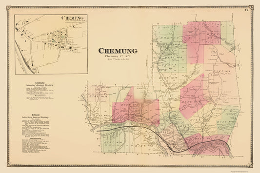 Historic County Map - Chemung County New York - Beers 1869 - 23 x 34.59 - Vintage Wall Art