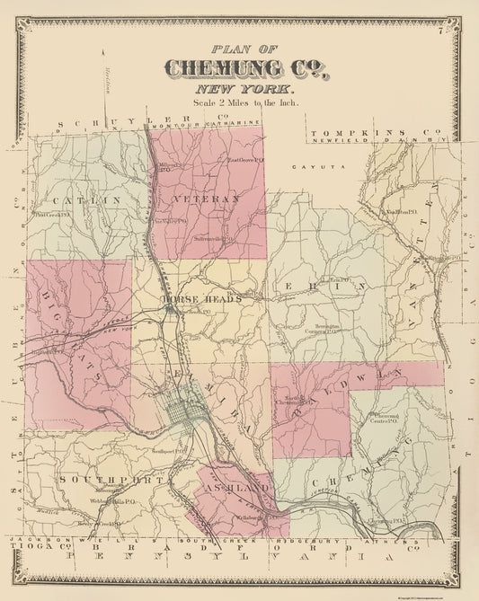Historic County Map - Chemung County New York - Beers 1869 - 23 x 28.88 - Vintage Wall Art