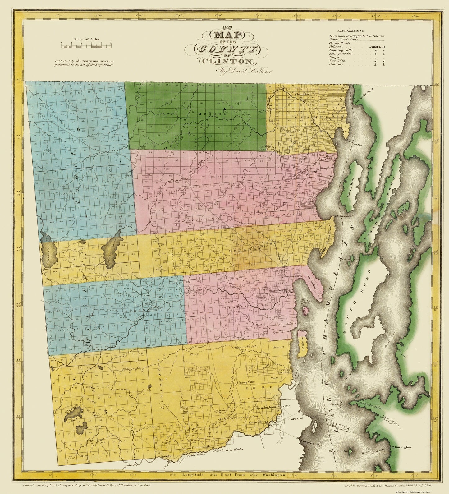 Historic County Map - Clinton County New York - Burr 1829 - 23 x 25.31 - Vintage Wall Art