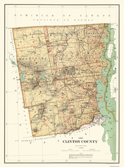 Historic County Map - Clinton County New York - Bien 1895 - 23 x 31 - Vintage Wall Art