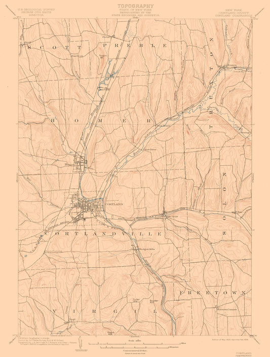 Topographical Map - Cortland New York Quad - USGS 1903 - 23 x 30.36 - Vintage Wall Art