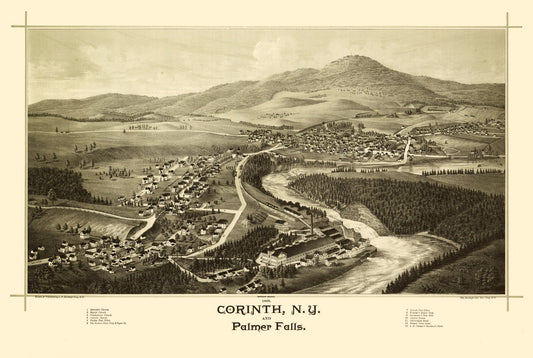 Historic Panoramic View - Corinth Palmer Falls New York - Burleigh 1888 - 34.20 x 23 - Vintage Wall Art