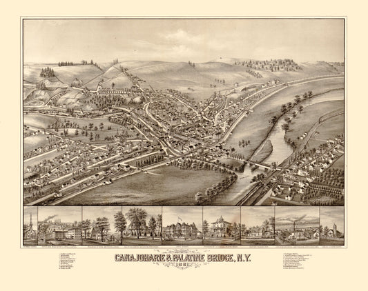 Historic Panoramic View - Canajoharie Palatine Bridge New York - 1881 - 29.07 x 23 - Vintage Wall Art