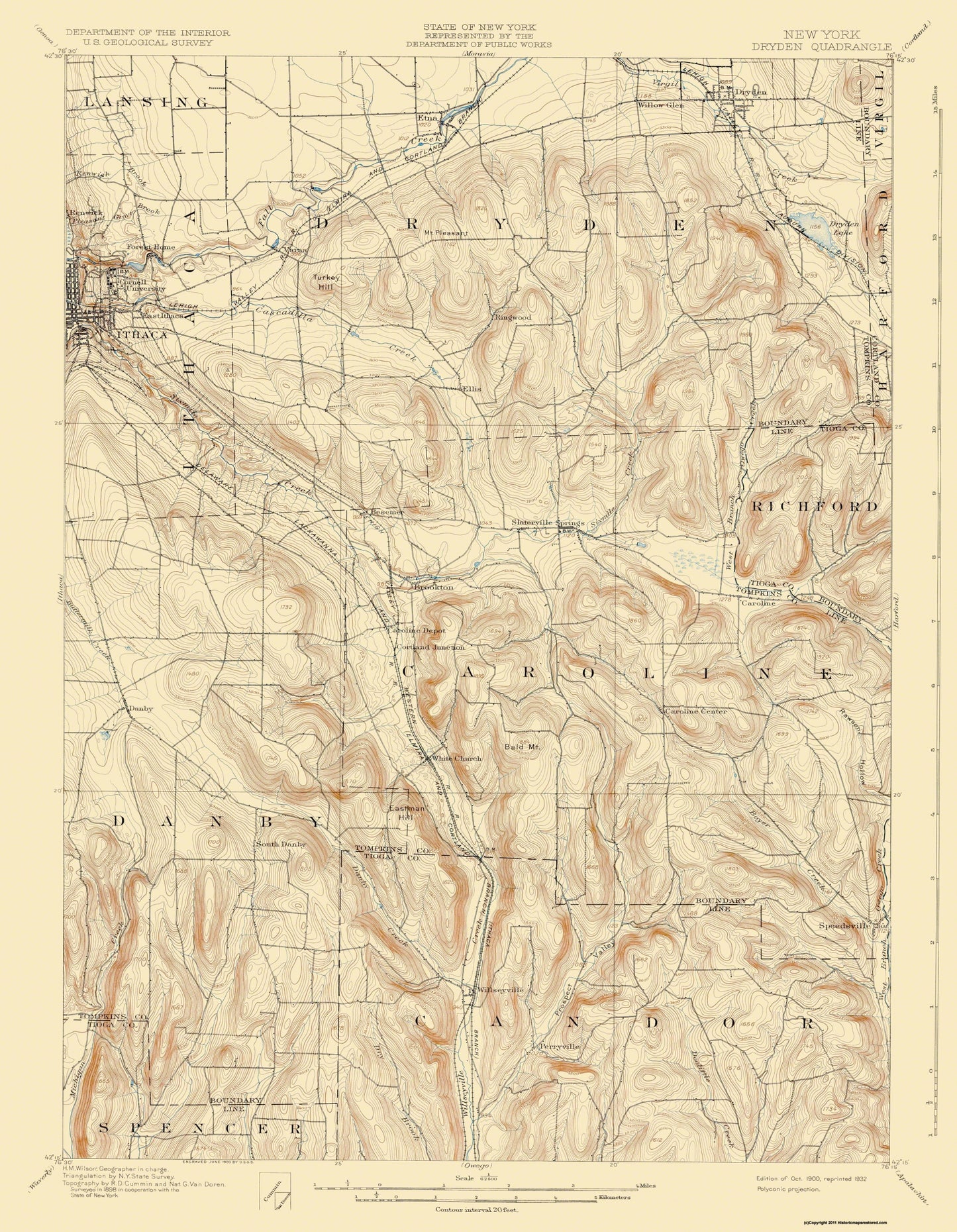 Topographical Map - Dryden New York Quad - USGS 1900 - 23 x 29.64 - Vintage Wall Art