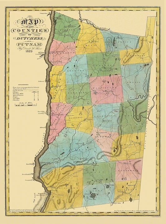 Historic County Map - Dutchess Putnam Counties New York - Burr 1829 - 23 x 31 - Vintage Wall Art