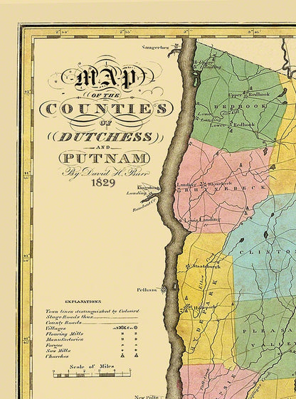 Historic County Map - Dutchess Putnam Counties New York - Burr 1829 - 23 x 31 - Vintage Wall Art