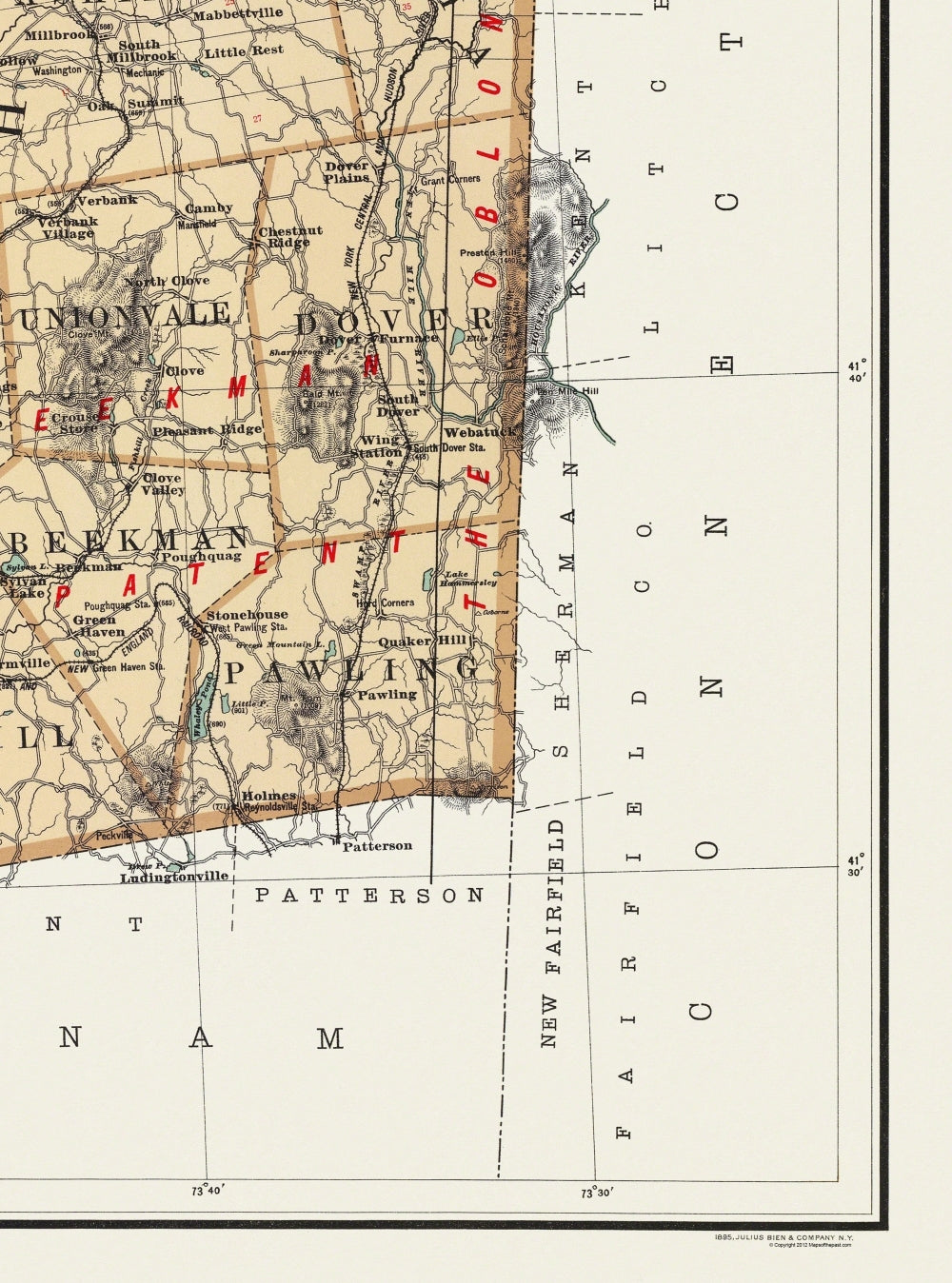 Historic County Map - Dutchess County New York - Bien 1895 - 23 x 31 - Vintage Wall Art