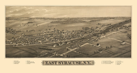 Historic Panoramic View - East Syracuse New York - Burleigh 1885 - 43.34 x 23 - Vintage Wall Art