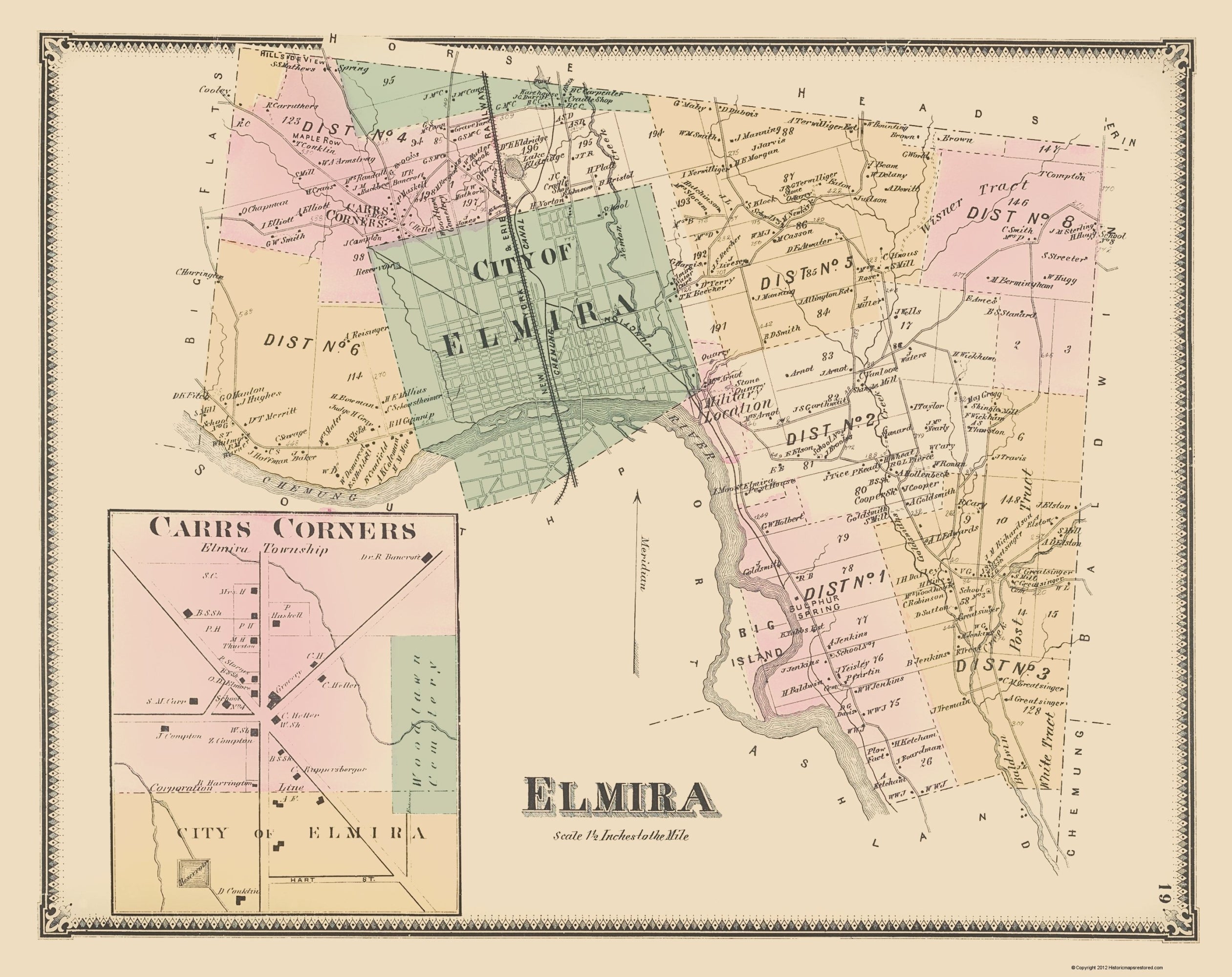 Historic City Map - Elmira Carrs Corner New York - Beers 1869 - 23 x 2 ...