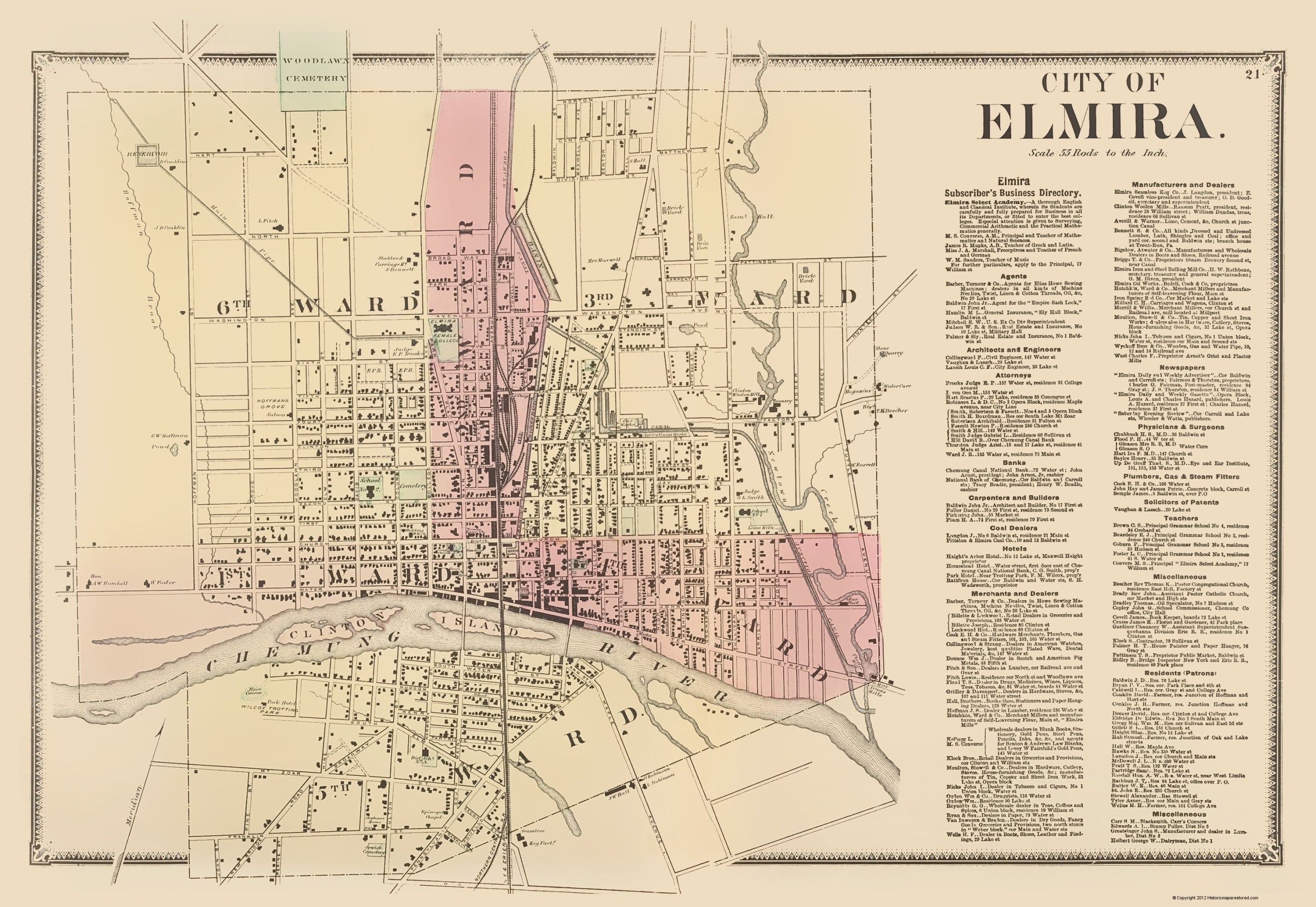 Historic City Map - Elmira New York - Beers 1869 - 23 x 33.37 - Vintag ...