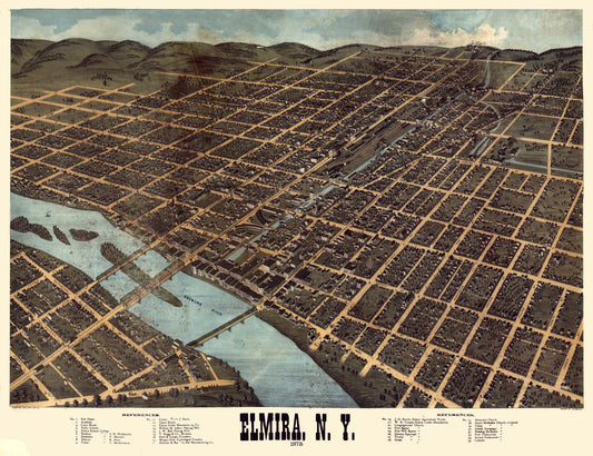 Historic Panoramic View - Elmira New York - Bailey 1873 - 29.93 x 23 - Vintage Wall Art