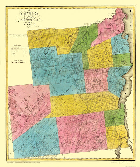 Historic County Map - Essex County New York - Burr 1829 - 23 x 27.5 - Vintage Wall Art