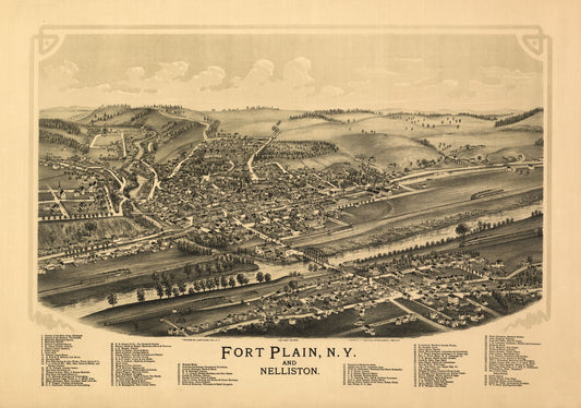 Historic Panoramic View - Fort Plain Nelliston New York - Burleigh 1891 - 32.78 x 23 - Vintage Wall Art