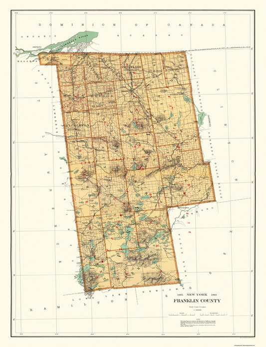 Historic County Map - Franklin County New York - Bien 1895 - 23 x 30 - Vintage Wall Art