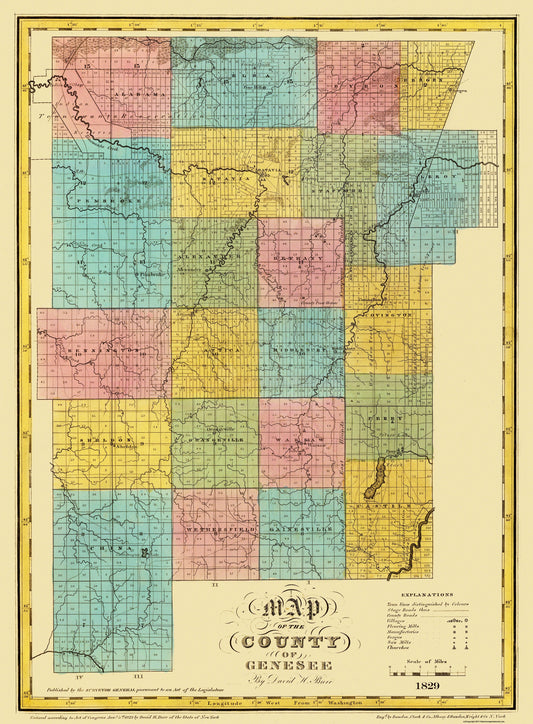 Historic County Map - Genesee County New York - Burr 1829 - 23 x 31.25 - Vintage Wall Art