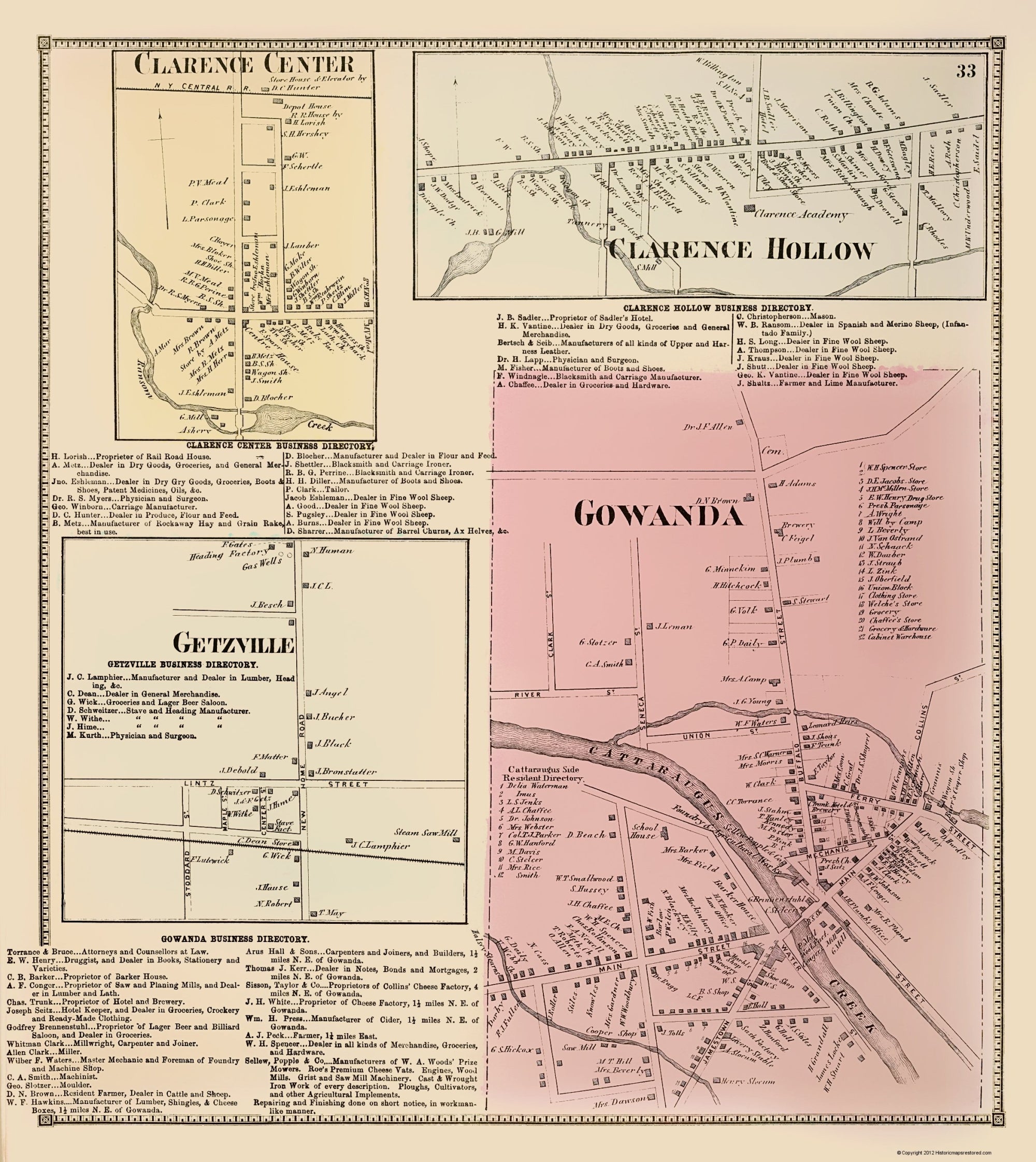 Historic City Map - Gowanda New York - Stone 1866 - 23 x 25.80 - Vinta ...