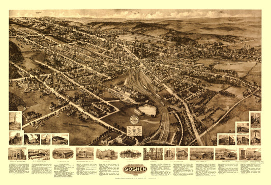 Historic Panoramic View - Goshen New York - Fowler 1922 - 33.81 x 23 - Vintage Wall Art