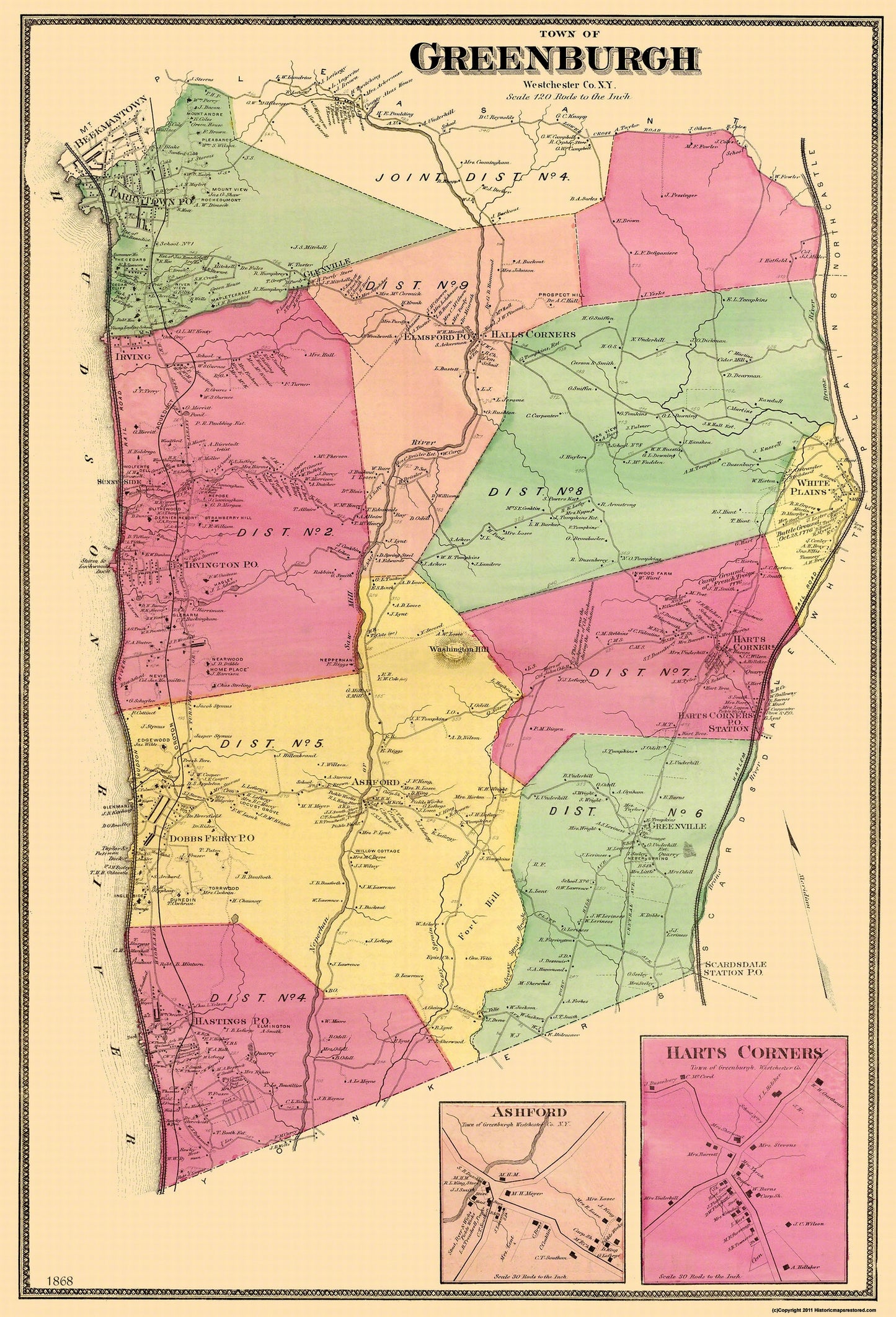 Historic City Map - Greenburgh New York - Beers 1868 - 23 x 33.81 - Vintage Wall Art