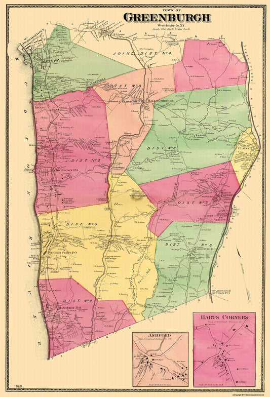 Historic City Map - Greenburgh New York - Beers 1868 - 23 x 33.81 - Vintage Wall Art