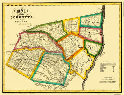 Historic County Map - Greene County New York - Burr 1829 - 30 x 23 - Vintage Wall Art