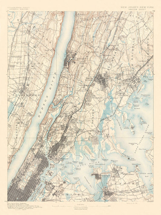 Topographical Map - Harlem New York New Jersey Sheet - USGS 1891 - 23 x 30.75 - Vintage Wall Art