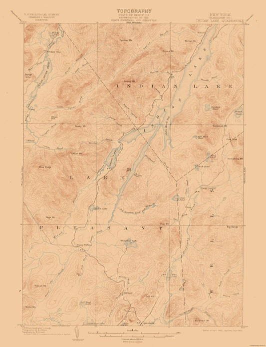 Topographical Map - Indian Lake New York Quad - USGS 1902 - 23 x 29.96 - Vintage Wall Art