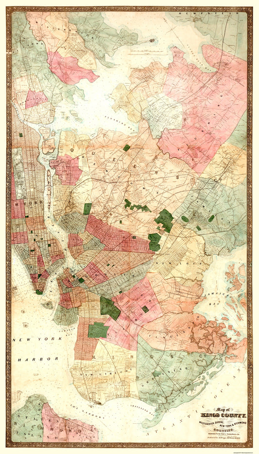 Historic County Map - Kings County New York - Dripps 1890 - 23 x 40.25 - Vintage Wall Art