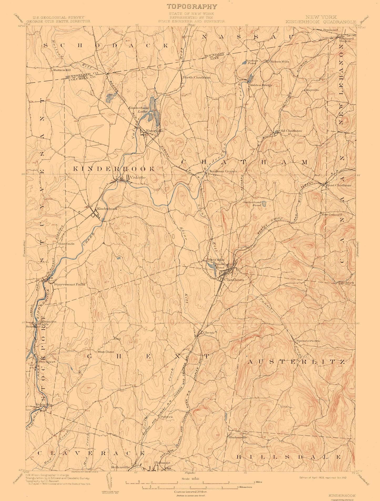 Topographical Map - Kinderhook New York Quad - USGS 1903 - 23 x 30.31 - Vintage Wall Art