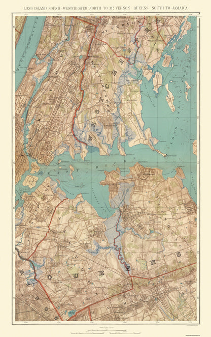 Topographical Map - Long Island Sound Queens Mt Vernon New York - Bien 1890 - 23 x 36.59 - Vintage Wall Art