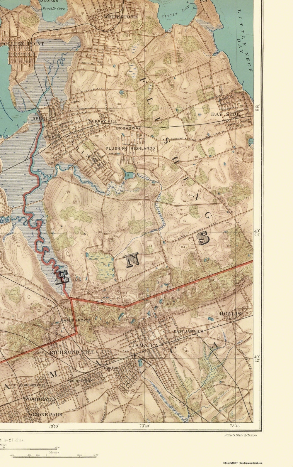 Topographical Map - Long Island Sound Queens Mt Vernon New York - Bien 1890 - 23 x 36.59 - Vintage Wall Art